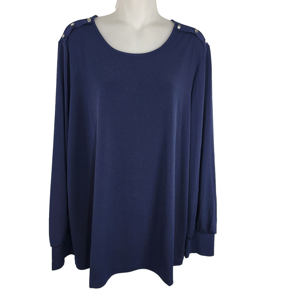 Susan Graver Women Solid Liquid Knit Top Button Shoulder Detail Cuffed Sleeve XL
